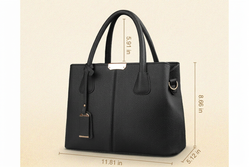 Black handbag with measurements in inches: 11.81 long, 5.12 wide, 8.66 high, and 5.91 handle drop.