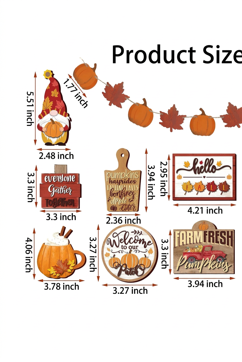 Product size chart showing each decoration's measurements in inches