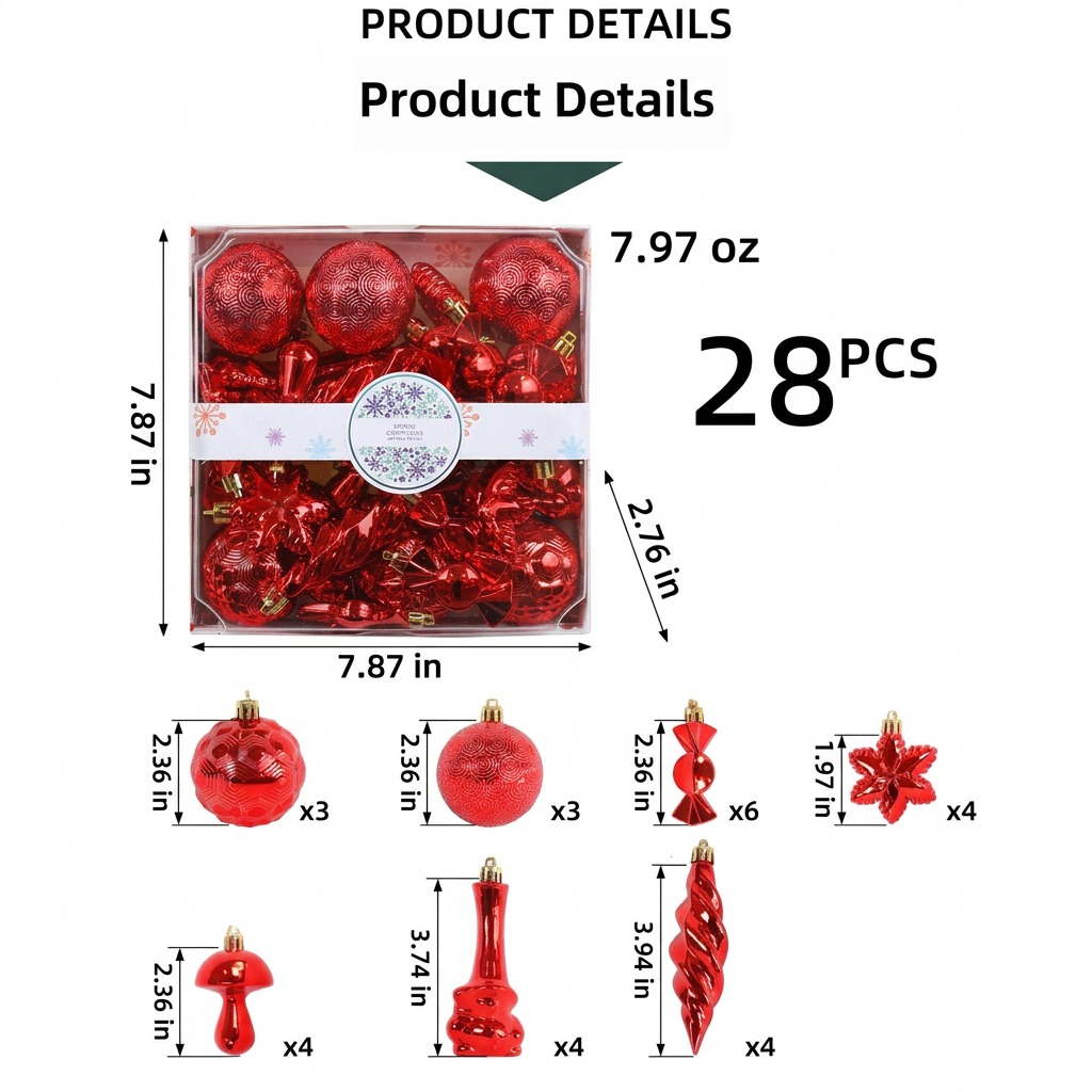 28-piece red Christmas ornament size guide with measurements in inches