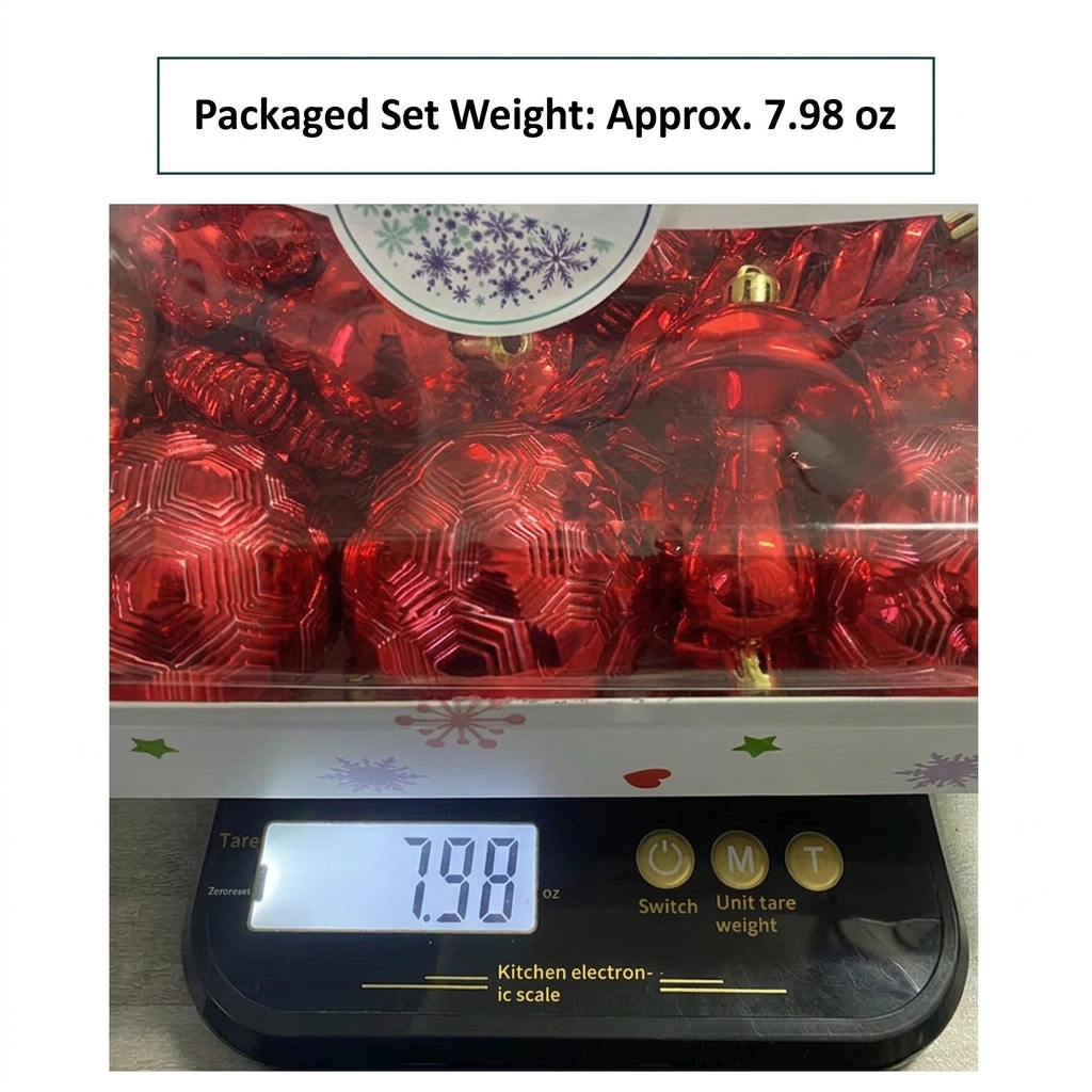 Packaged red Christmas ornament set with converted weight label of approximately 7.98 ounces