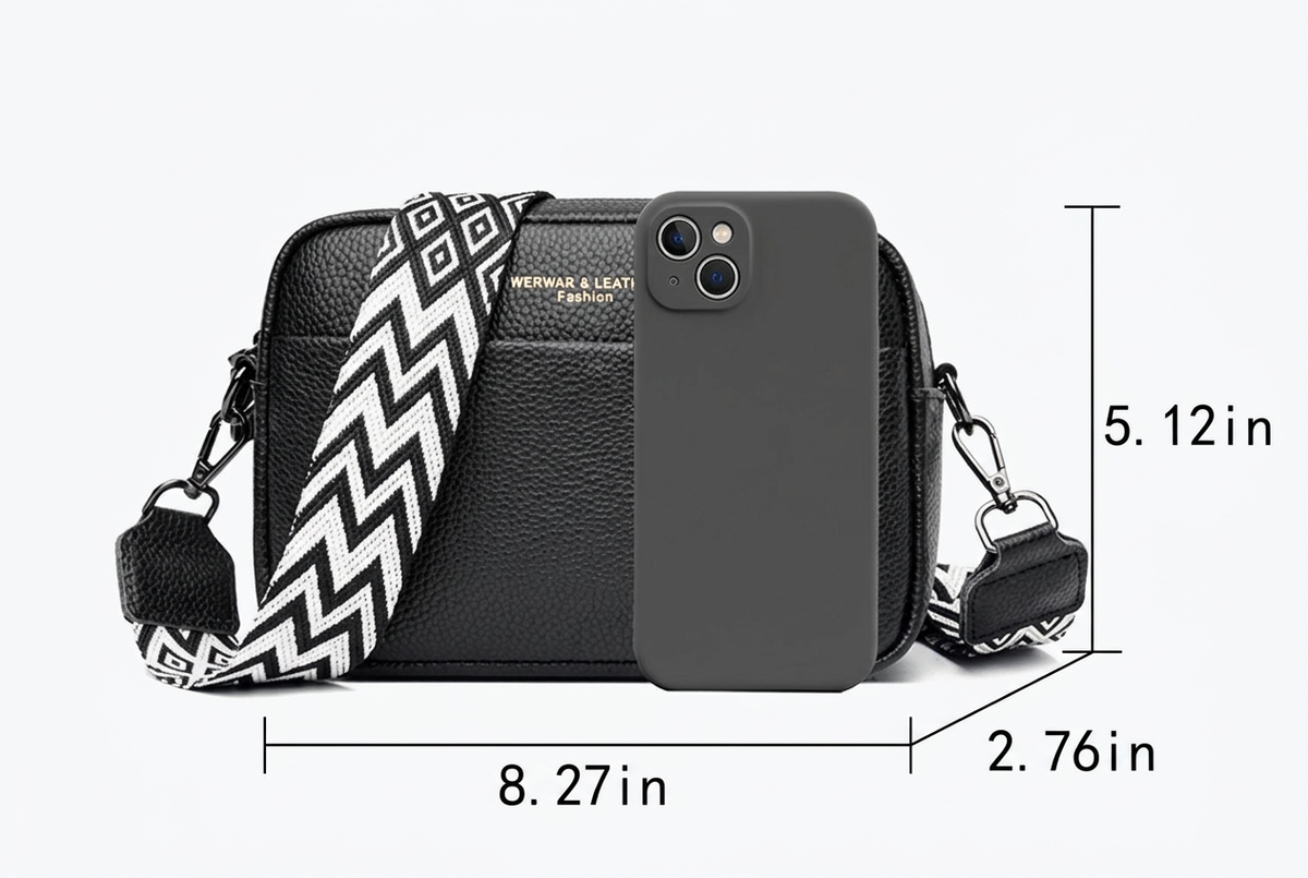 Black crossbody bag with inch-only measurements: 8.27 inches wide, 5.12 inches high, and 2.76 inches deep.
